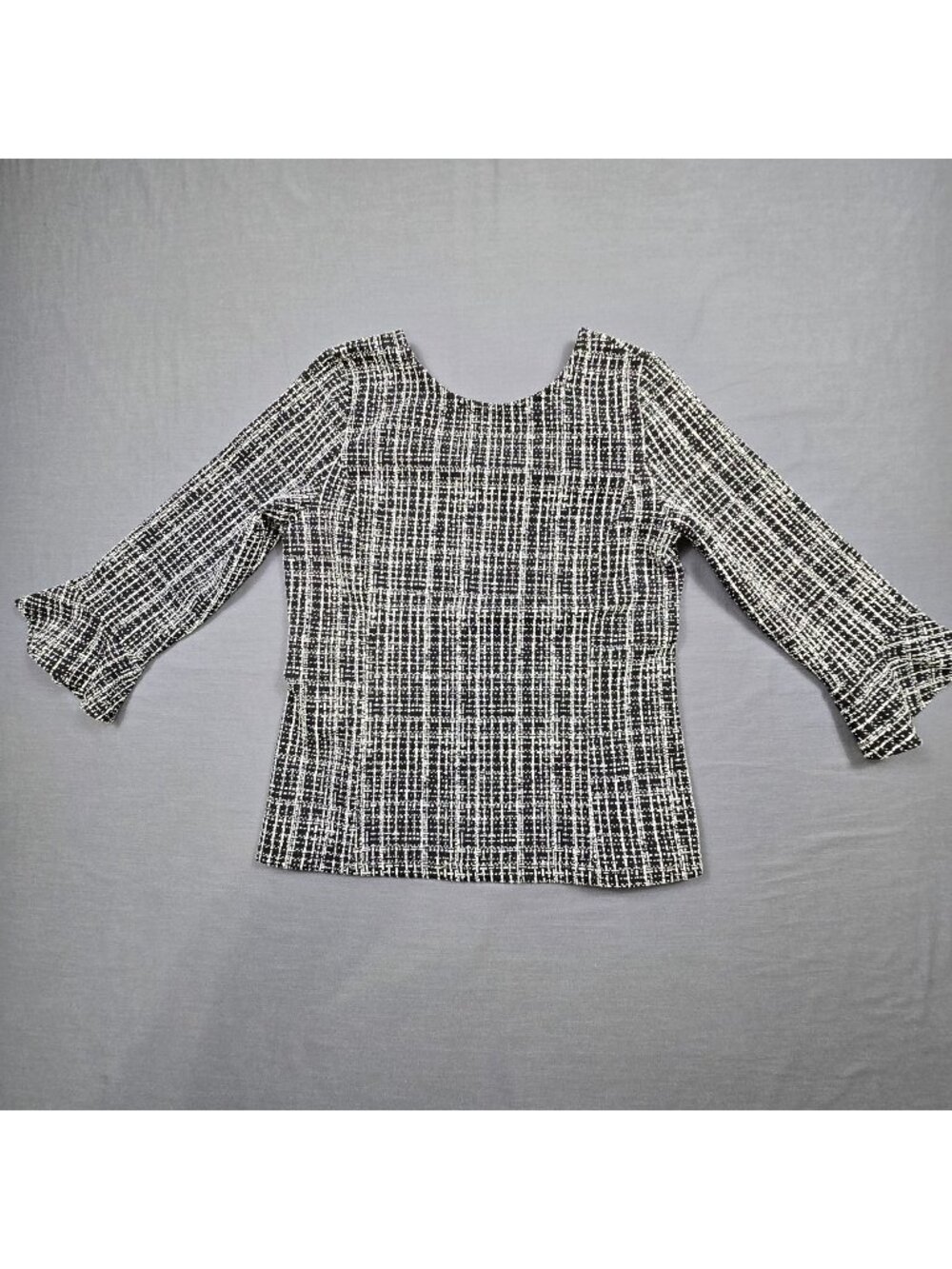 Talbots Small Knit Top Black/White Plaid Print Bell Sleeve Stretch Pullover - Picture 1 of 4